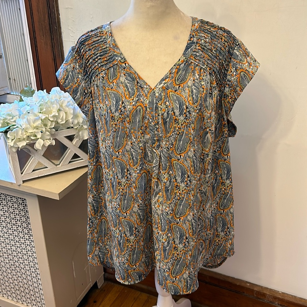 Daniel Rainn blue orange feather pattern cap sleeve blouse Size XL EUC